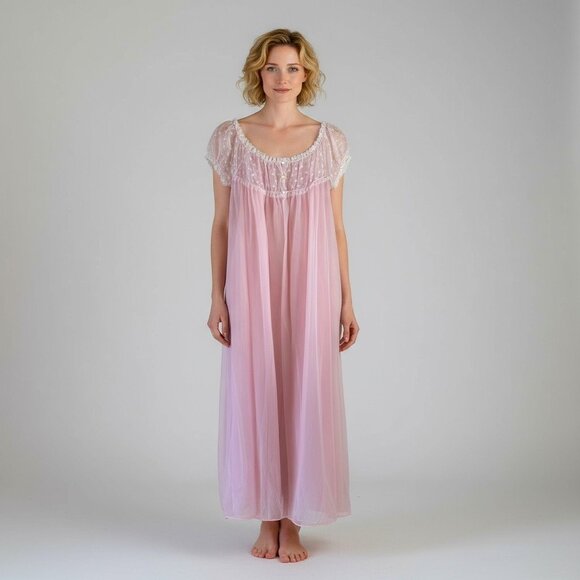 NOS Vintage 60's Vassarette Pink Nylon Chiffon Robe Nightgown Size 36 Full Sweep - Picture 3 of 10